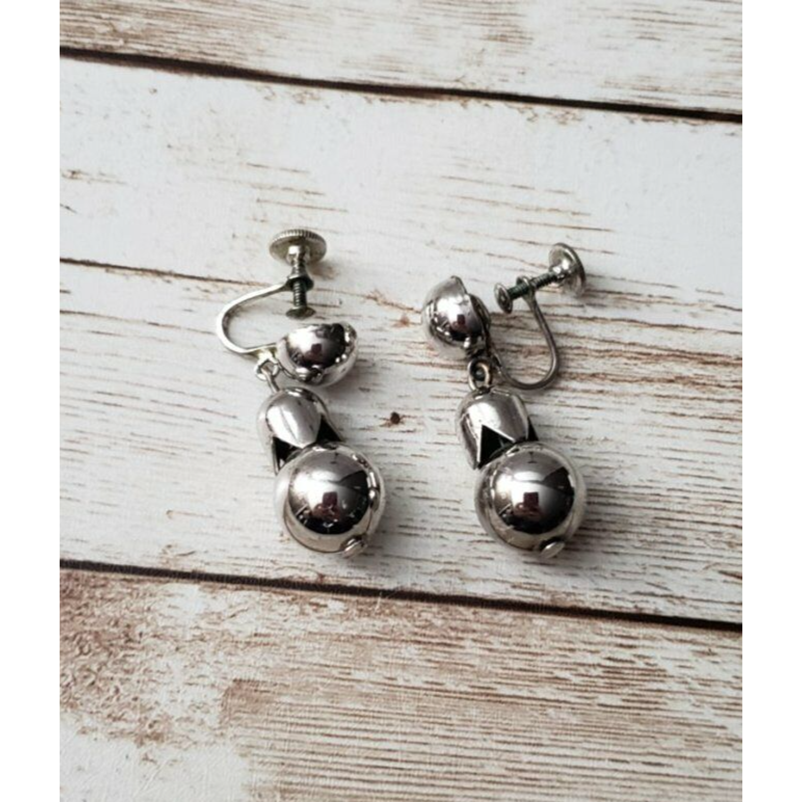Vintage Barclay Screw On Earrings Silver Tone Ball With Topper Design